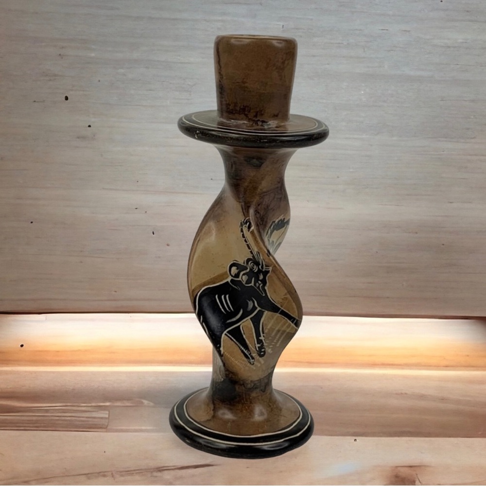 African Tribal Carved Elephant and Rhino Soapstone‎ Lucky Candle Stick Holder